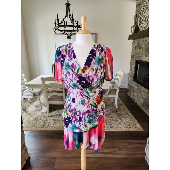 ONE33 SOCIAL - RUCHED FLORAL-PRINT CREPE DE CHINE MINI DRESS - PINK - US 12 - Picture 1 of 10